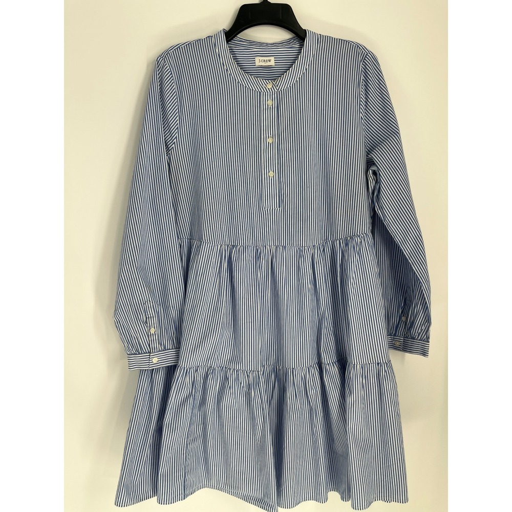 J.Crew Striped Tiered Mini Dress Band Collar Pocket Women XL Blue White Preppy